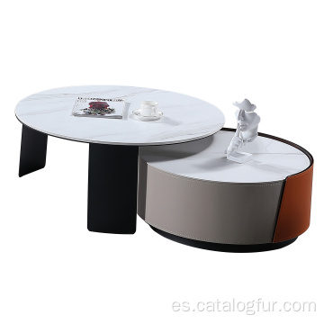 Mesa de centro de madera de cuero de silla de montar mesa de centro de brillo claro con soporte para TV